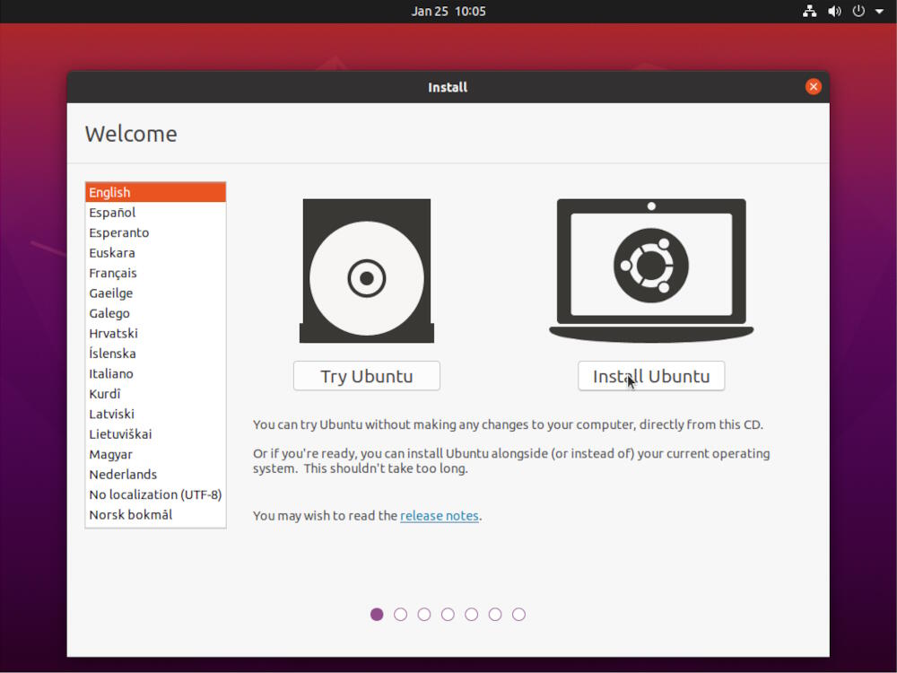Ubuntu Desktop Installation - Select language and install
