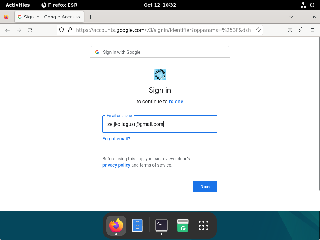 Google Drive Backup on Debian - Gmail Address