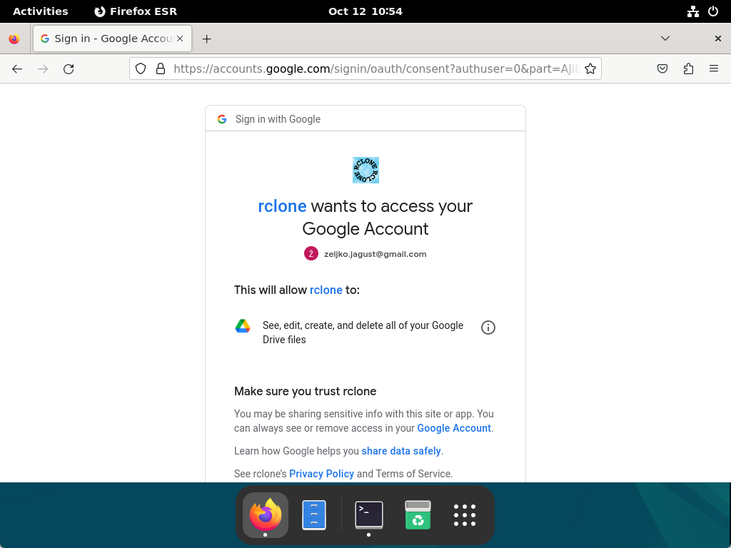 Google Drive Backup on Debian - Rclone Access