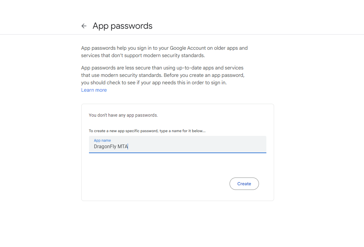 Send Mail Gmail Relay Setup - Google App Password Name