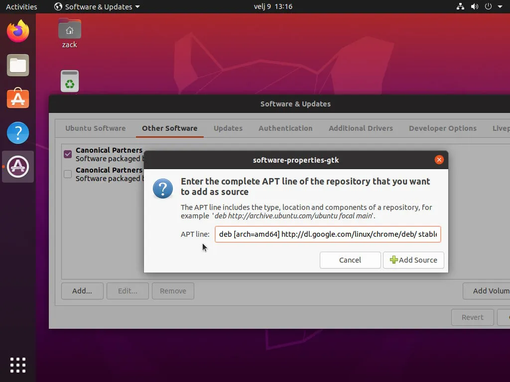 Gnome Software & Updates Application - Add New Repository Dialog Box