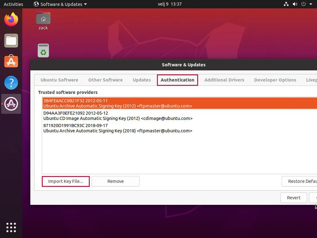 Gnome Software & Updates Application - Import Key File