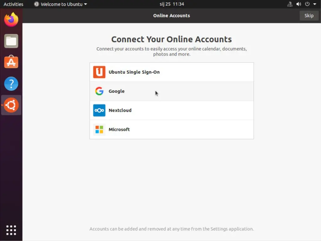 Welcome to Ubuntu Dialog displaying Online Accounts Settings