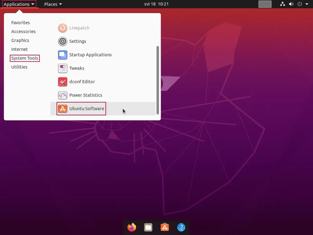 Ubuntu 20.04 GNOME Interface with Applications menu expanded. System Tools sub-menu is then selected and "Ubuntu Software" application as a final destination.