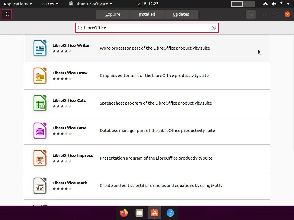 Ubuntu Software application showing the results for "LibreOffice" search query.
