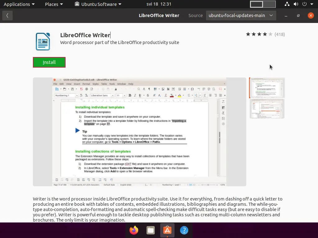 Ubuntu Software application showing the "LibreOffice Writer" application ready to install.