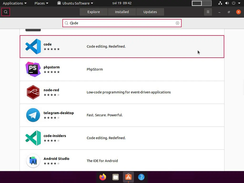 Ubuntu Software application showing the results for "Code" search query.