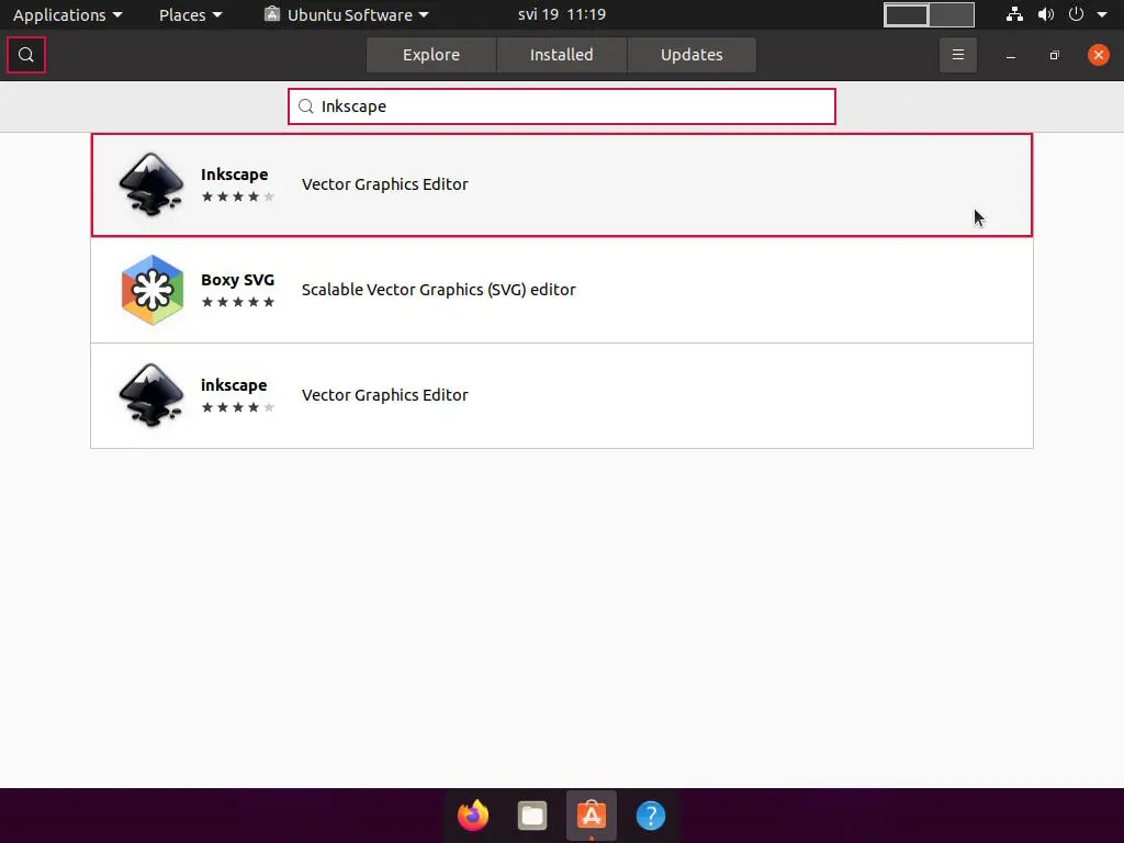Ubuntu Software application showing the results for "Inkscape" search query.