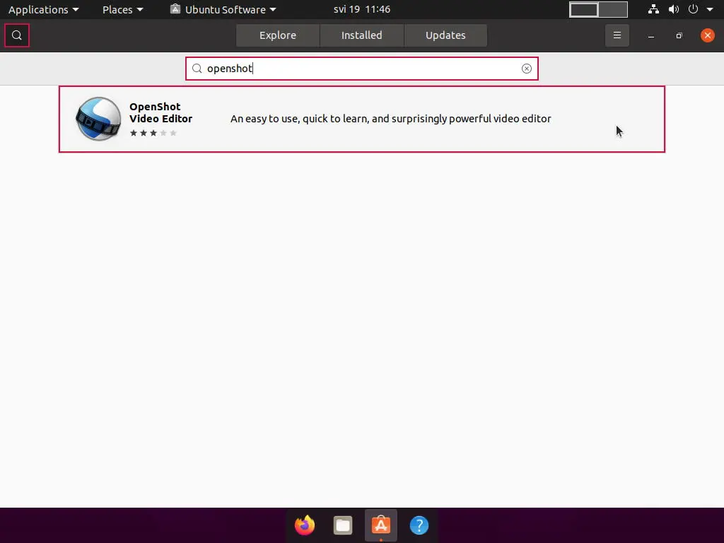 Ubuntu Software application showing the results for "openshot" search query.