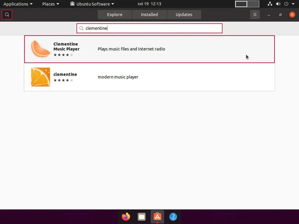 Ubuntu Software application showing the results for "clementine" search query.