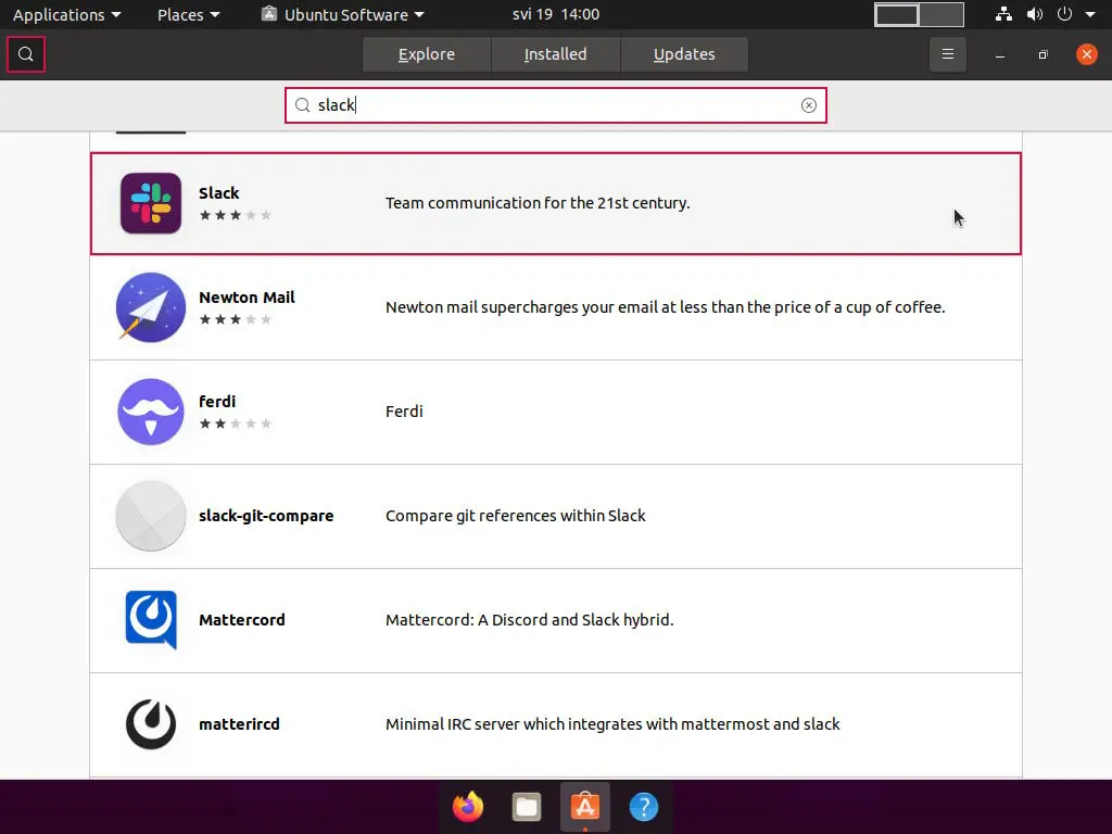 Ubuntu Software application showing the results for "slack" search query.