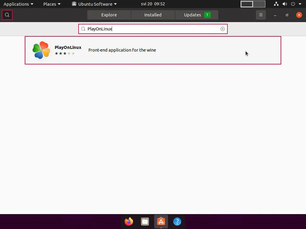 Ubuntu Software application showing the results for "PlayOnLinux" search query.