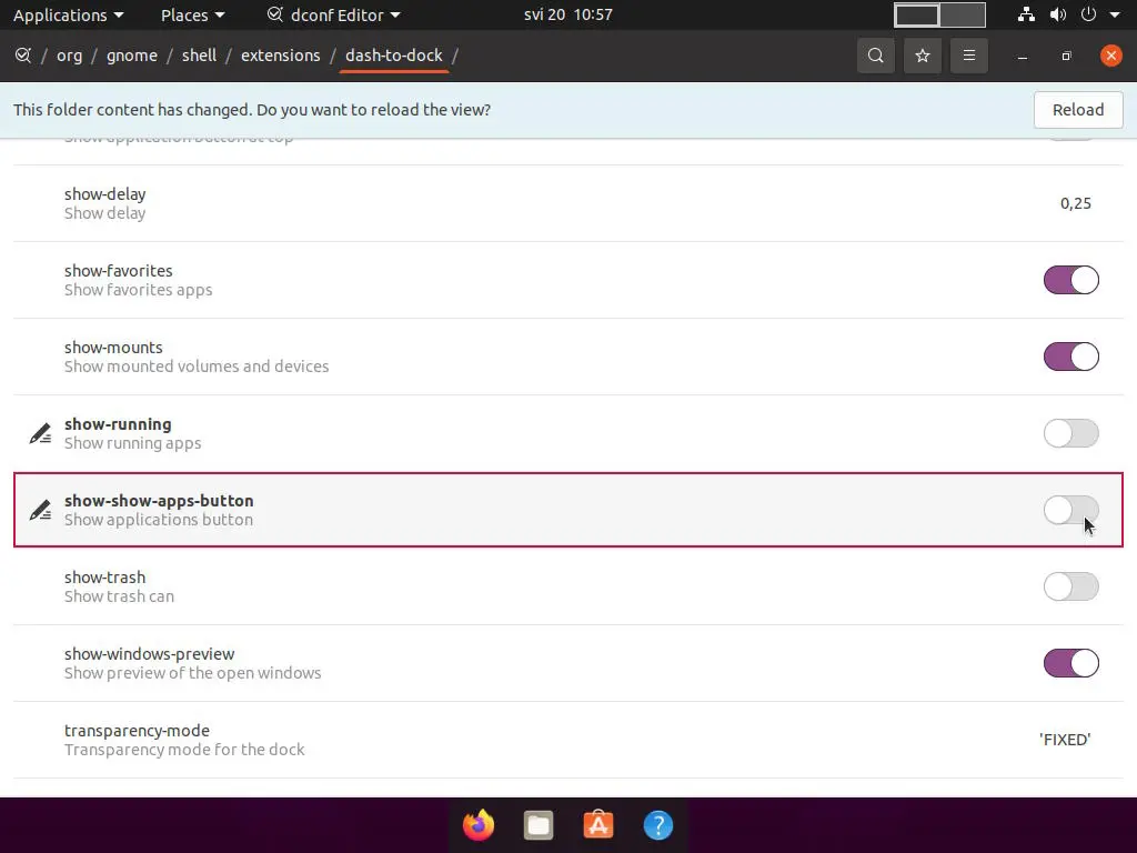 dconf Editor application started with show-show-apps-button option highlighted.