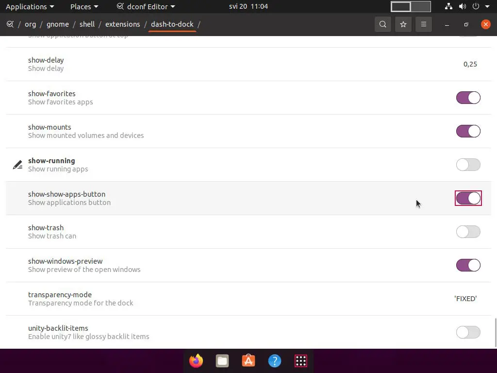 dconf Editor application started with show-show-apps-button option enabled.