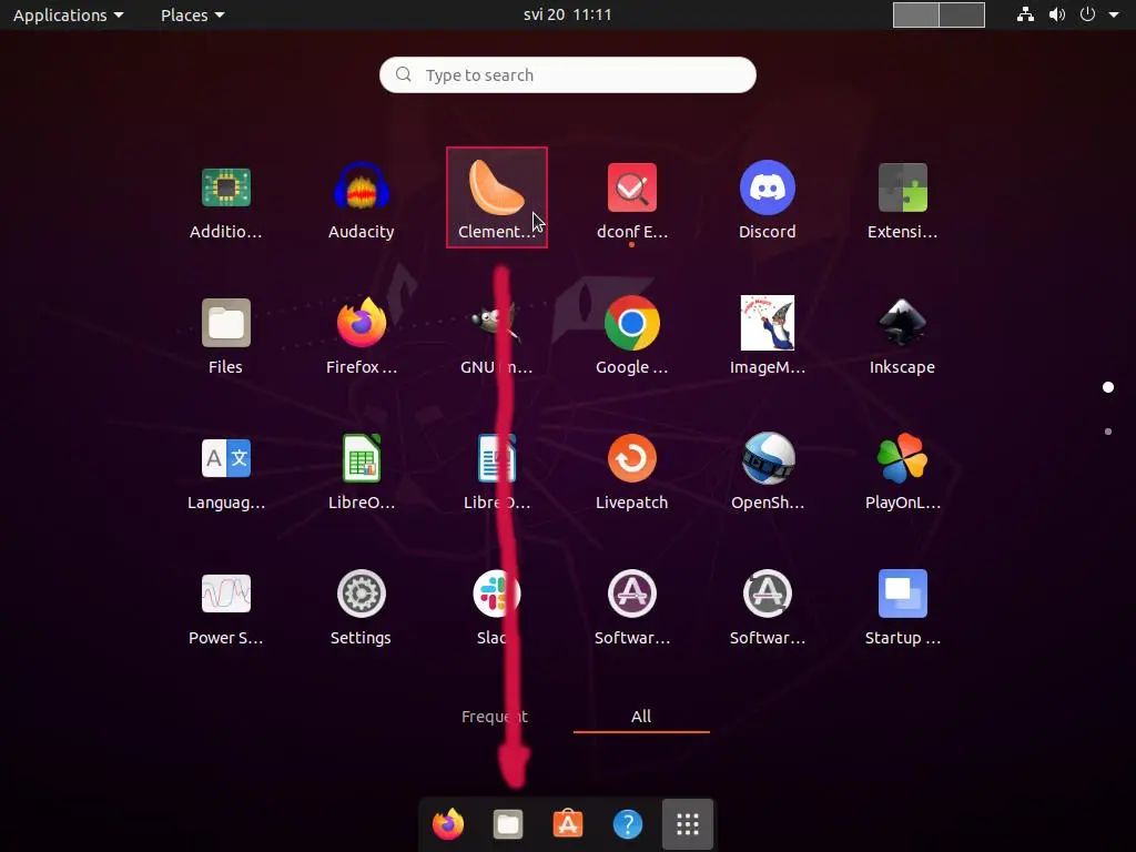 Image depicting how to drag an application icon from Gnome's "All Applications" menu to dock.