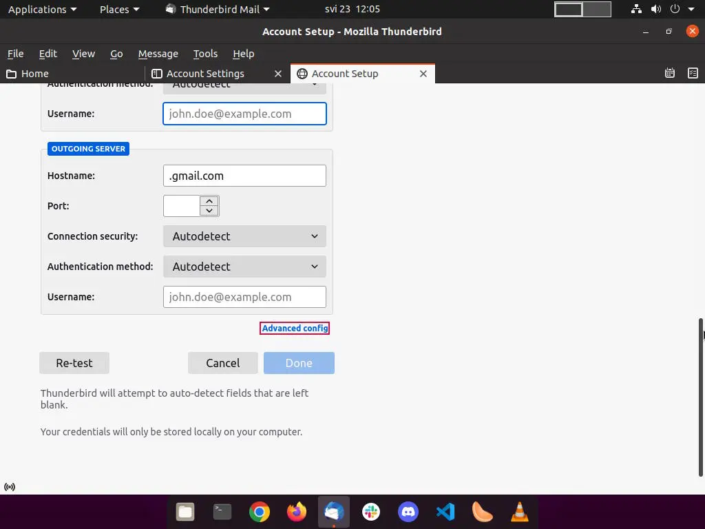 Account setup menu in Thunderbird with "Advanced config" option highlighted.