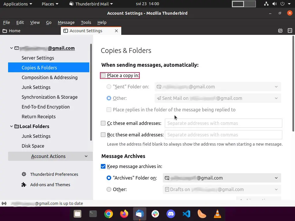 Thunderbird options for copies and folders.