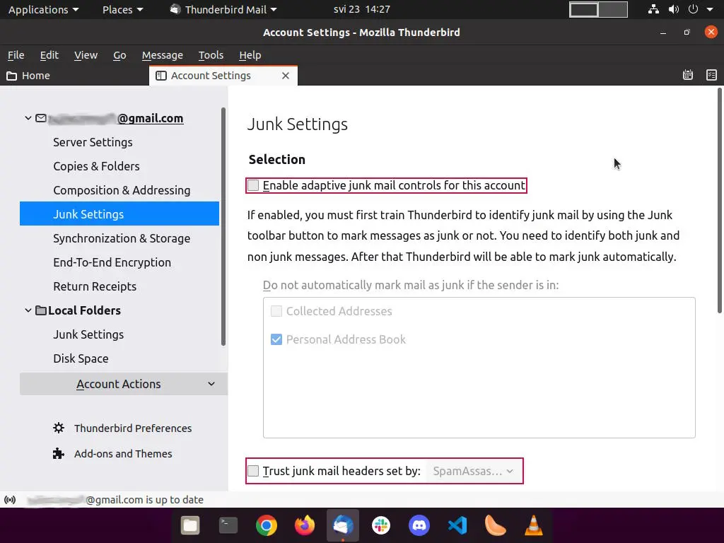 Thunderbrid Junk Settings options.