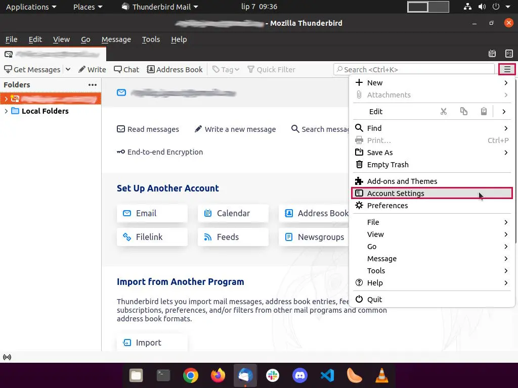 Thunderbird main menu with "Account Settings" option highlighted.