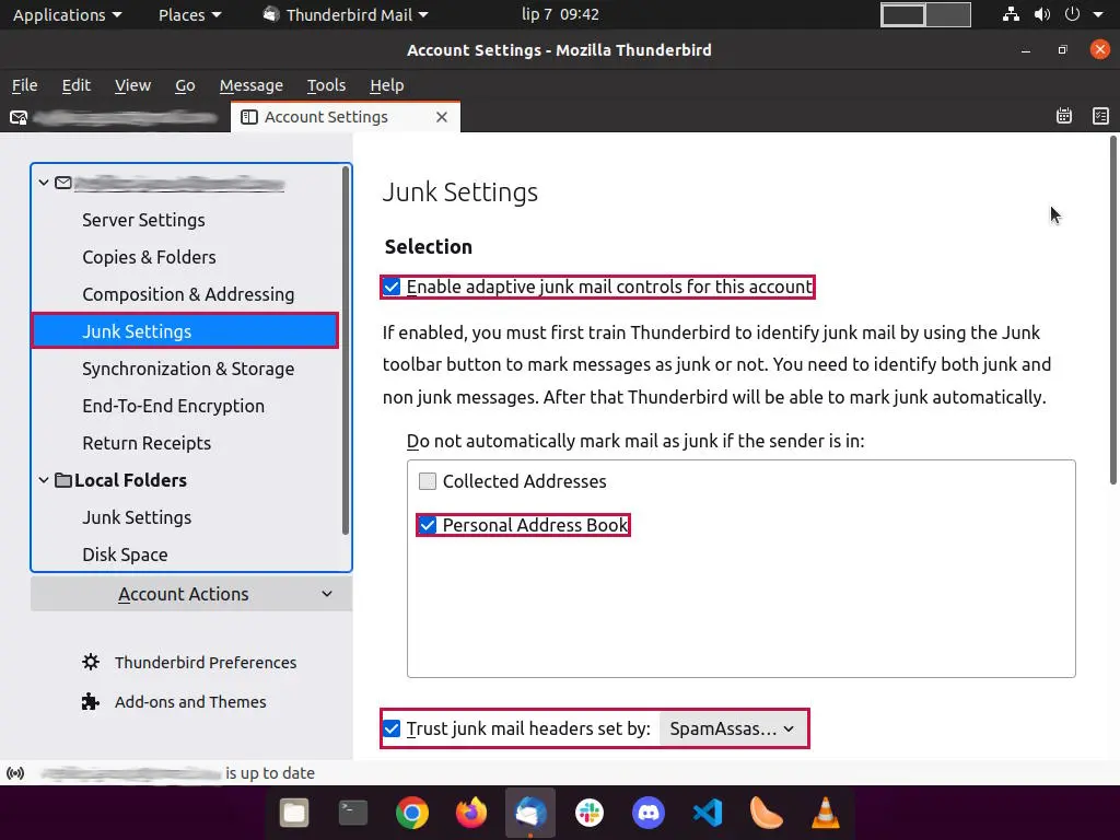 Thunderbird "Account Settings" tab with "Junk Settings" menu item selected.