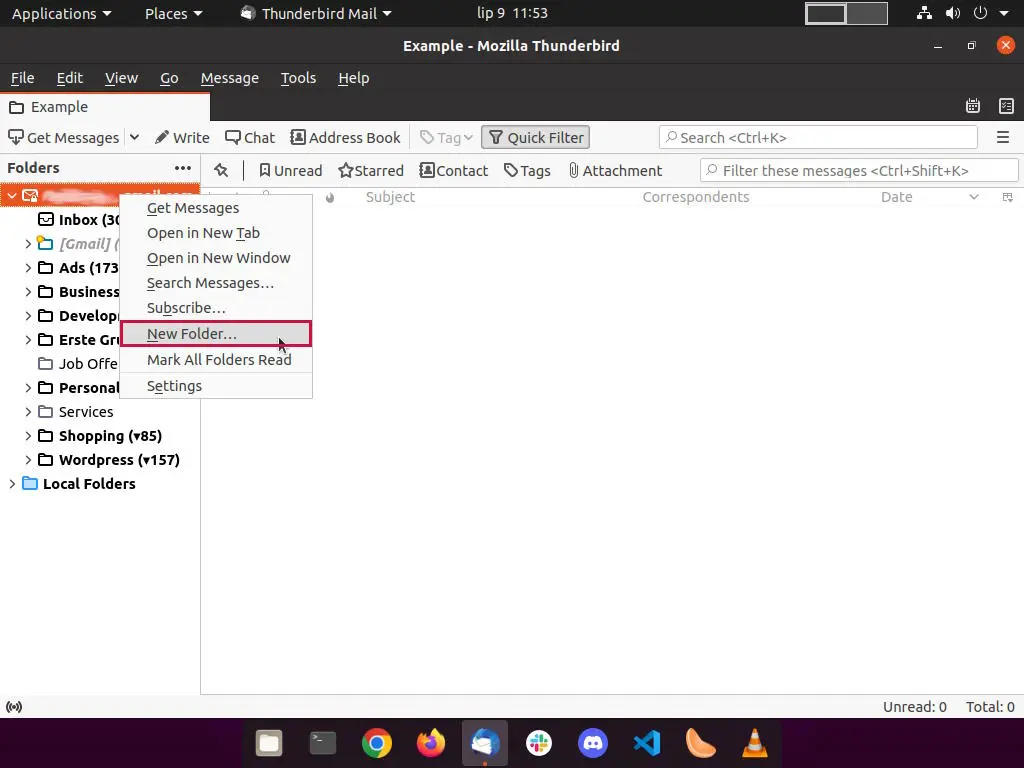 Create "New Folder" option highlighted in right-click menu of Thunderbird application.