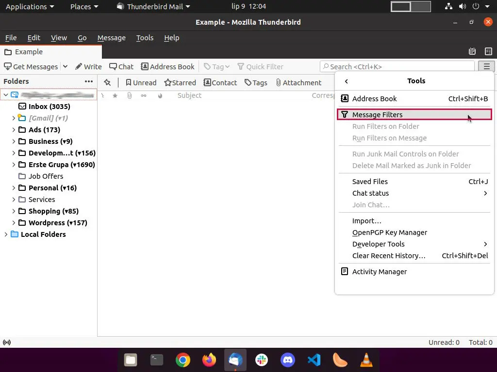 "Message Filters" option highlighted in Thunderbird main options menu.