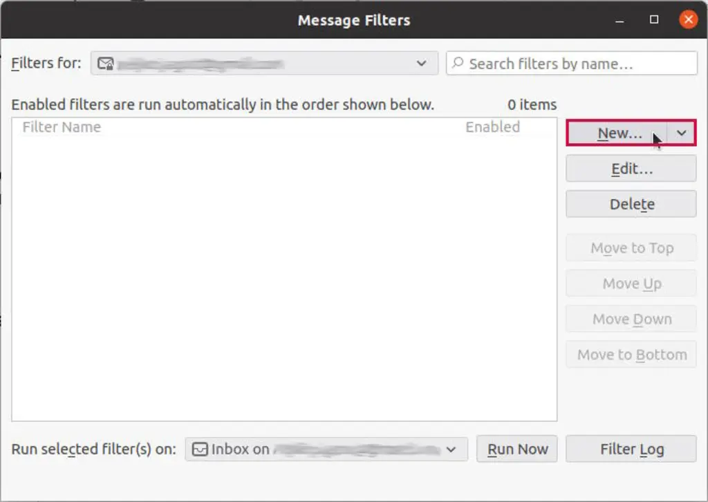 Create "New" filter option highlighted in the "Message Filters" pop-up window.