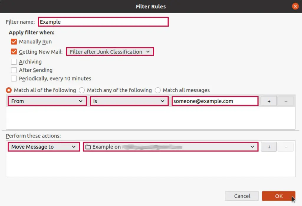 New "Filter Rules" pop-up window.