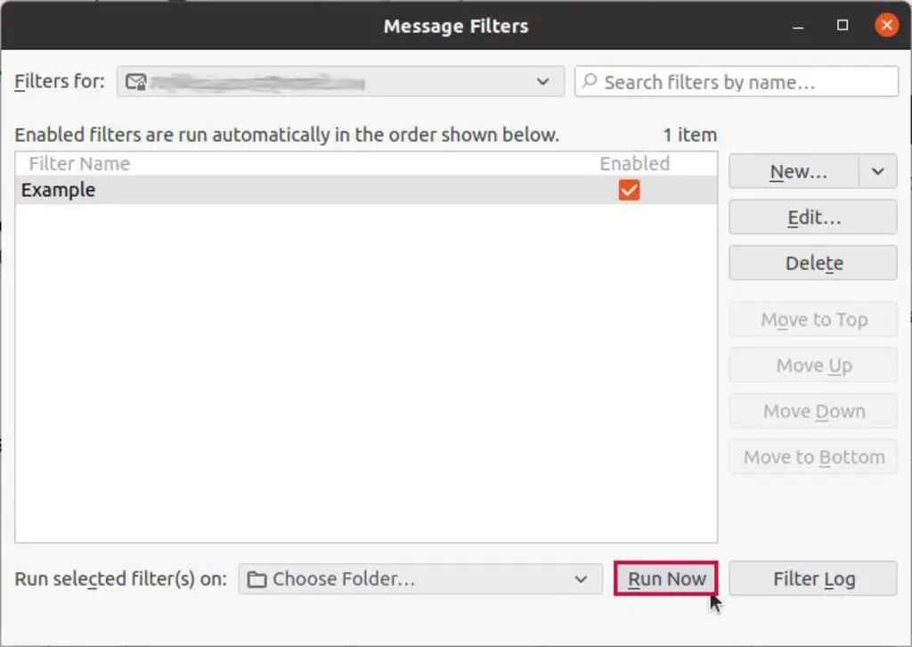 "Run Now" option highlighted inside the "Message Filters" pop-up window.