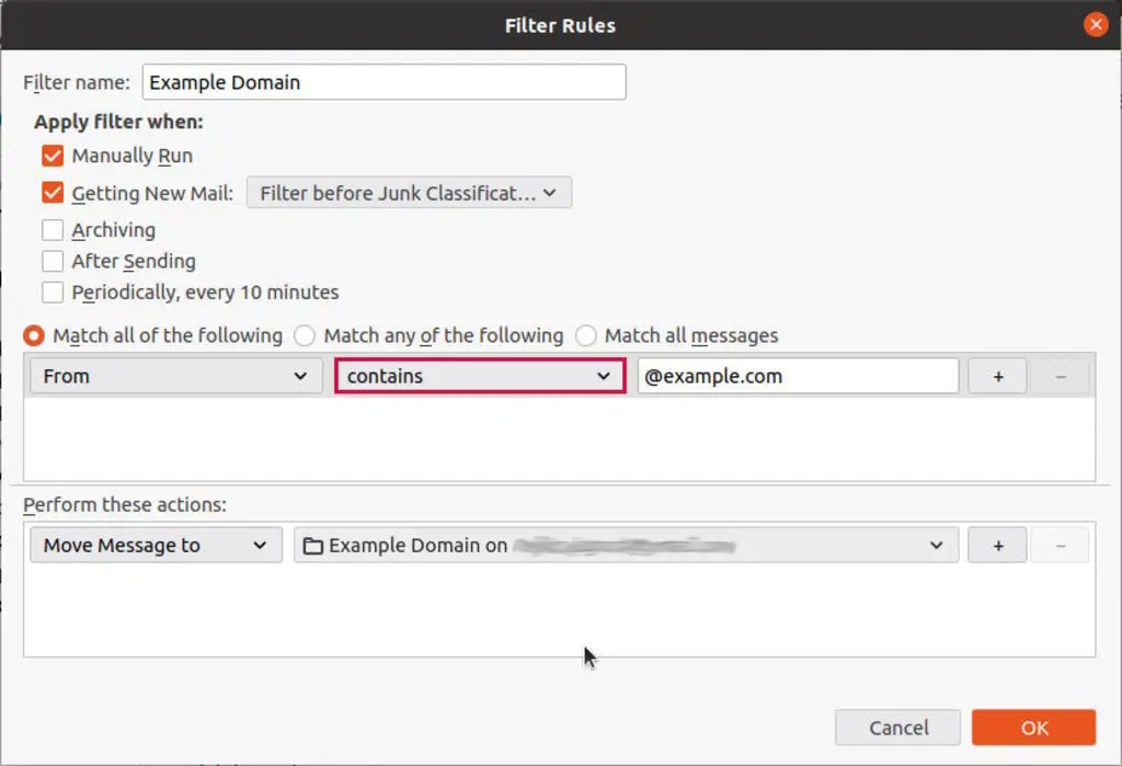 "Filter Rules" pop-up window with "contains" drop-down filter menu highlighted.