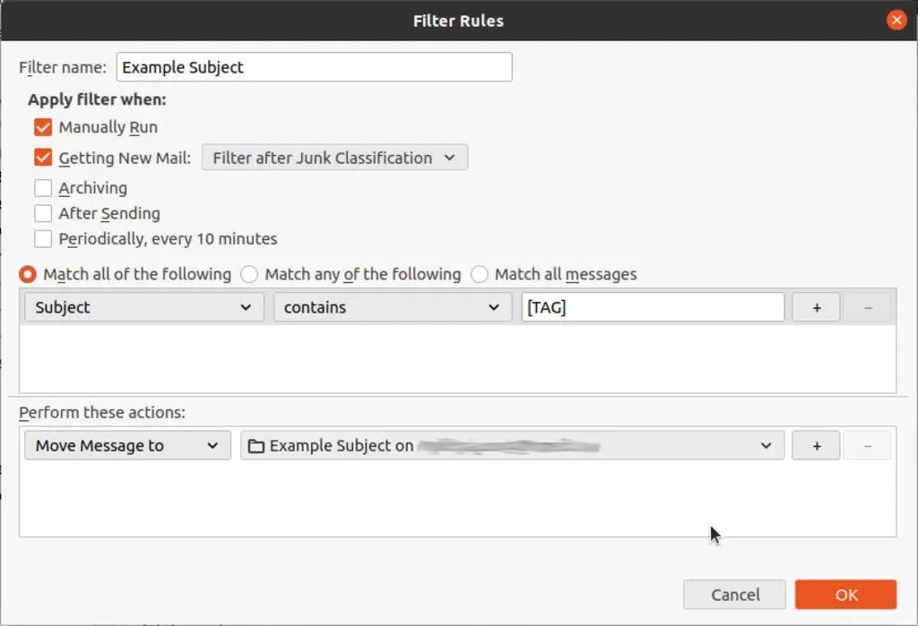"Filter Rules" pop-up window representing filtering emails by subject example.