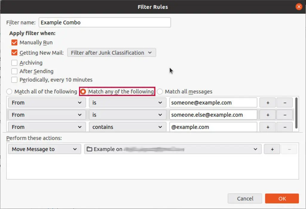 "Filter Rules" pop-up window showing a combination of message filters.