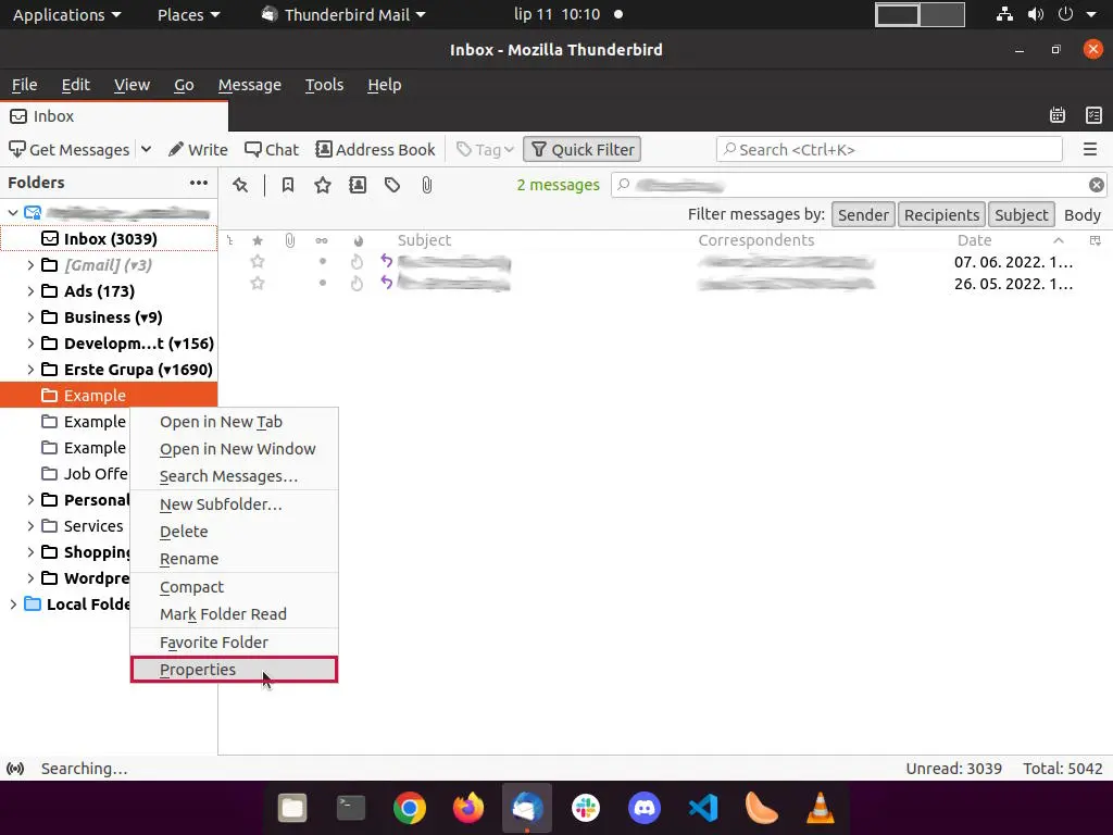 Thunderbird application showing a right-click folder menu with "Properties" option highlighted.