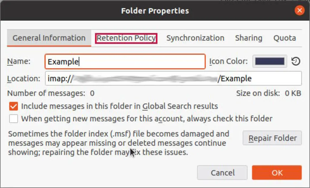 "Retention Policy" tab highlighted in "Folder Properties" pop-up window.