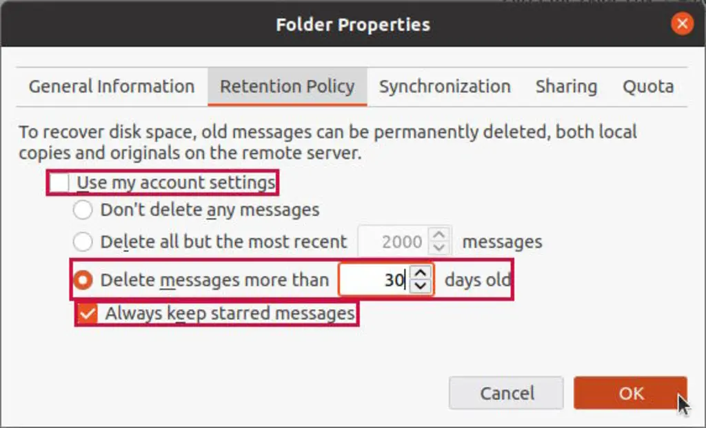 "Retention Policy" required options highlighted.