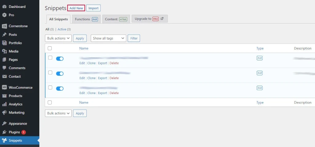 Image is representing how to add new code snippet within Snippets in WordPress.