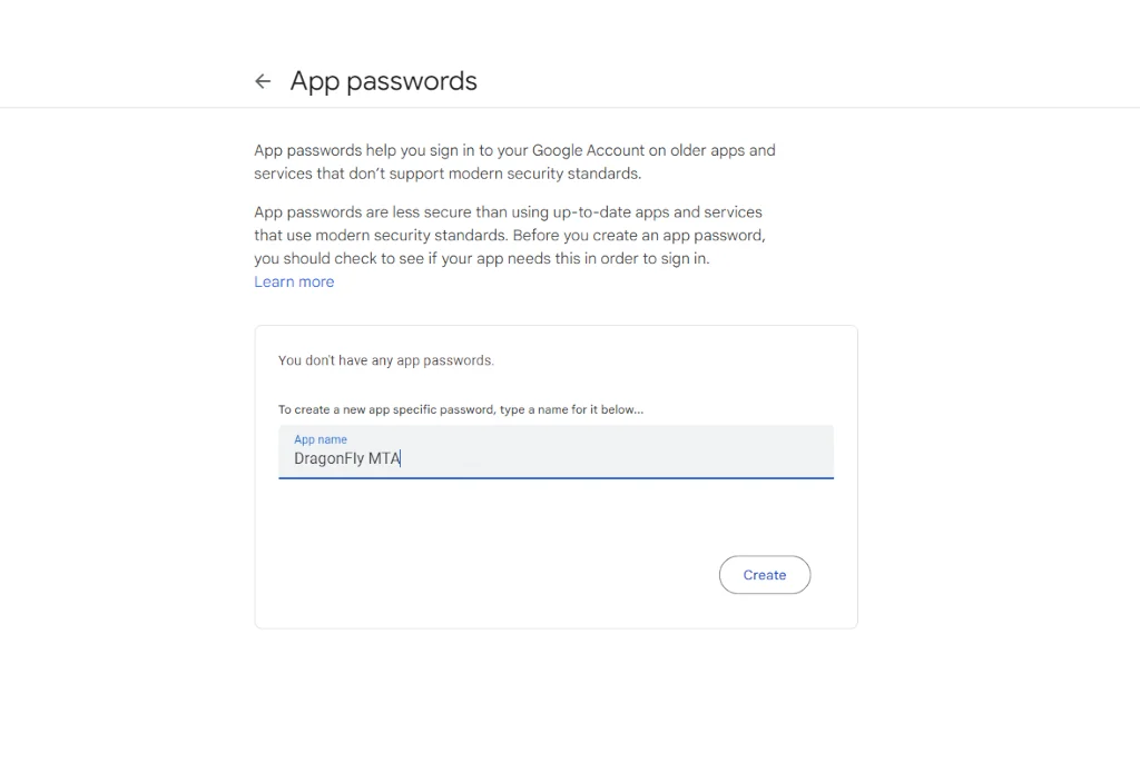 Google account "App password" setup is running.