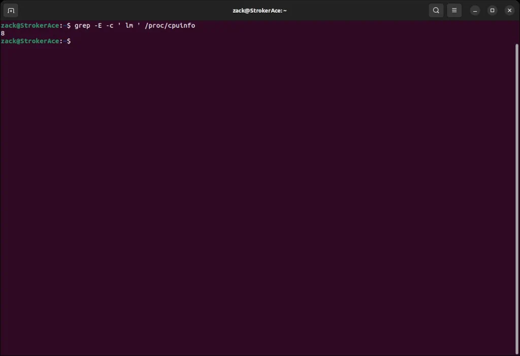 Grep command executed in Linux terminal application showing if CPU architecture is 64-bit.