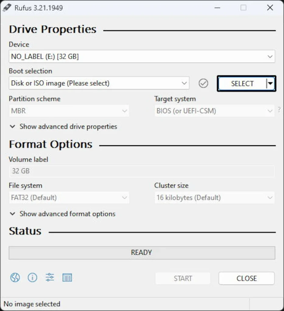 Rufus application is running with the "SELECT" option highlighted.