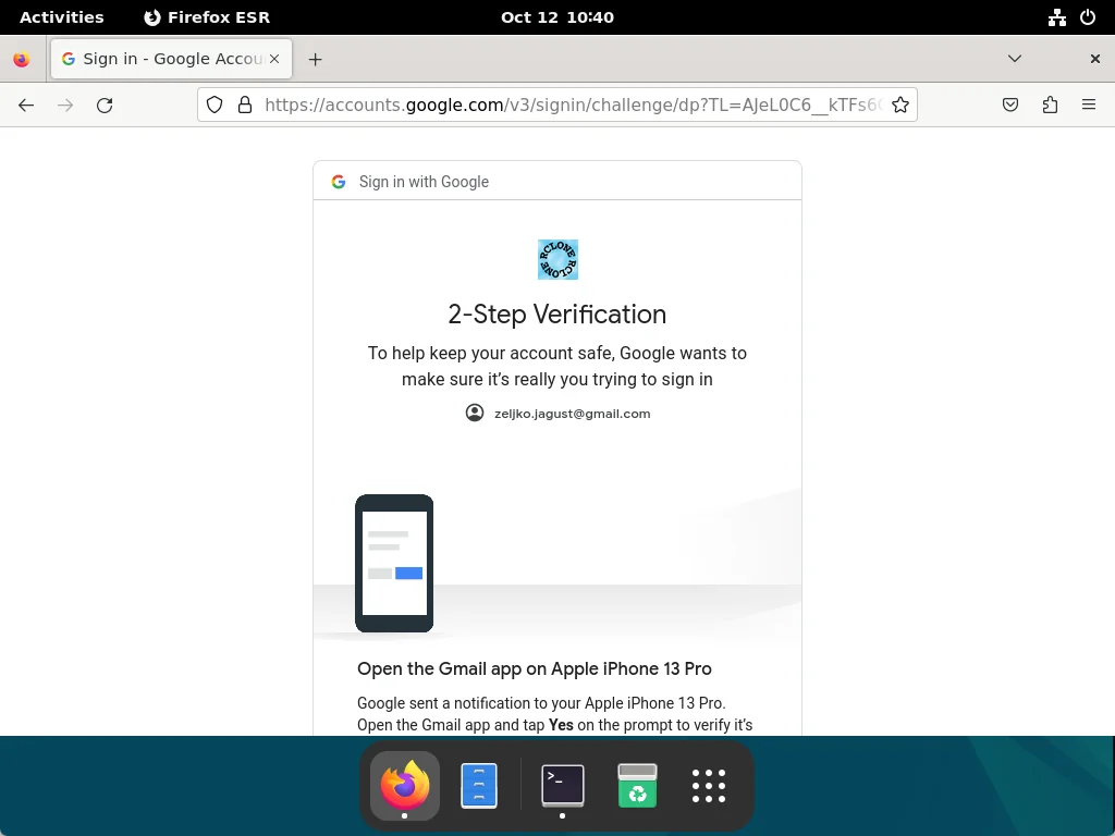 Firefox browser running and showing Google 2FA screen.