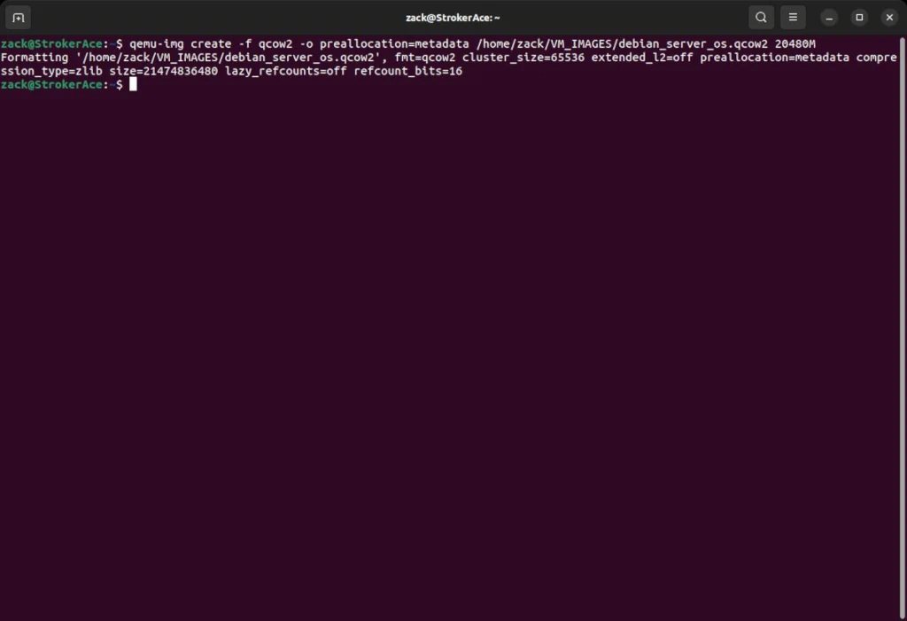 Linux console running with a "qemu-img" command executed with parameters to create a new virtual disk.