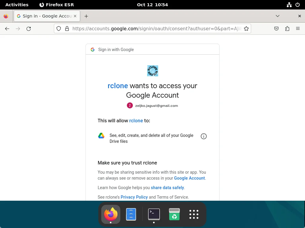 Firefox browser is running and showing the Google access dialog for rclone.