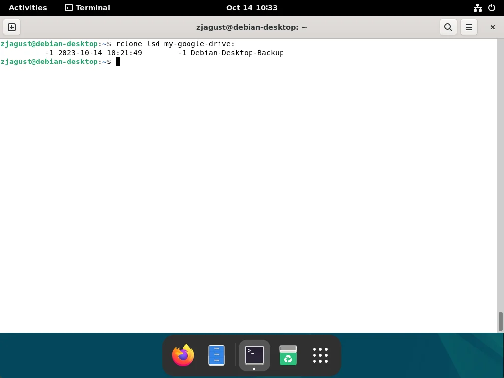 Linux console is running and "rclone" command is executed.