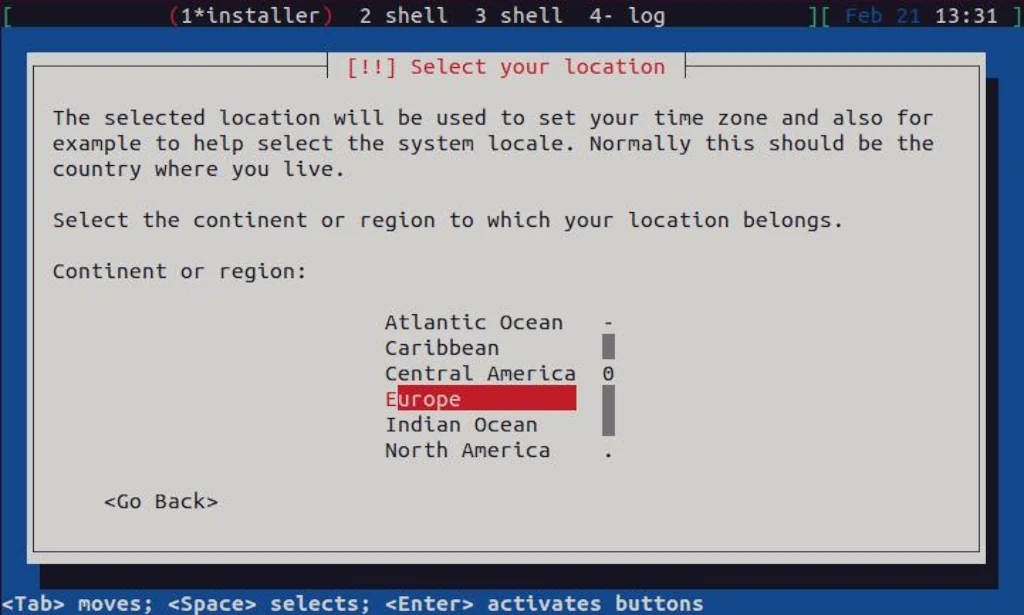Debian textual installer running with "Europe" selected as a region.