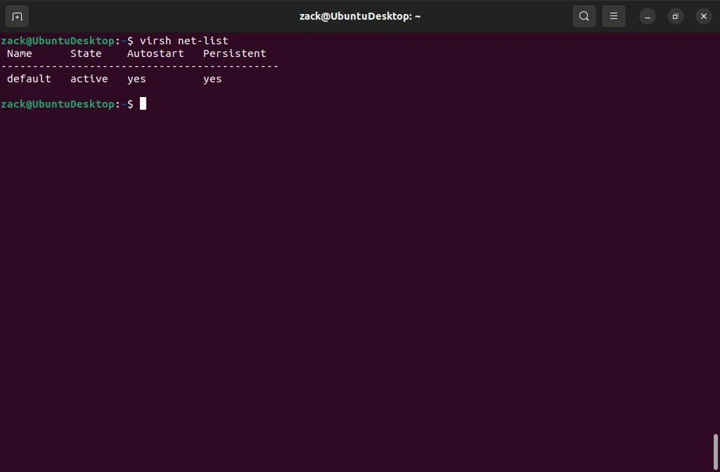 Linux terminal application running with "virsh" command executed and listing available virtual networks.