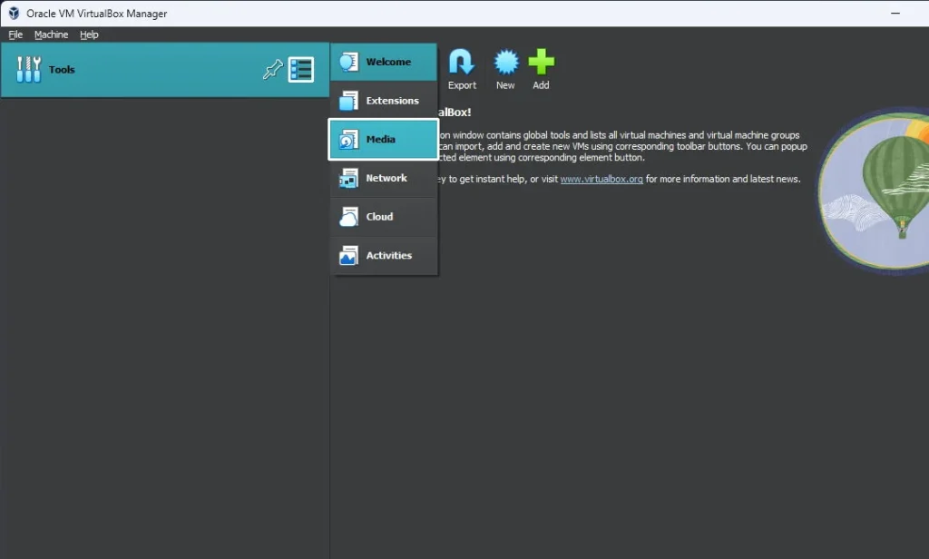 Oracle VM Virtual Box Manager application is running with Tools menu opened and Media option highlighted in the context menu.