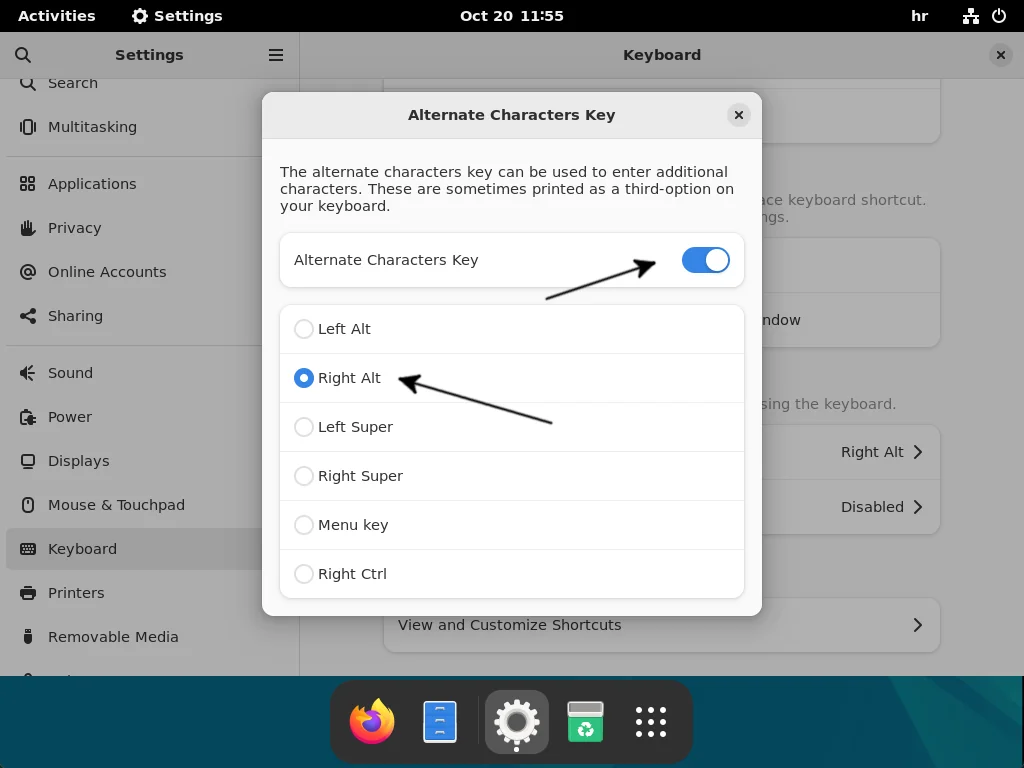 The Alternate Characters Key context window is opened.