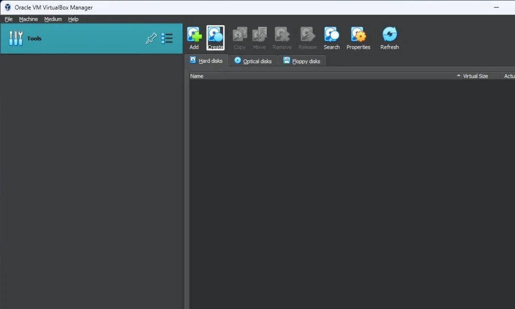 Oracle VM Virtual Box Manager application is running with Create new hard disk option highlighted.