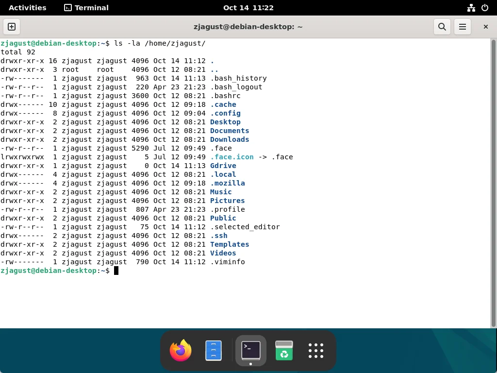 Linux console is running and "ls" command is executed with parameters which will show hidden files.