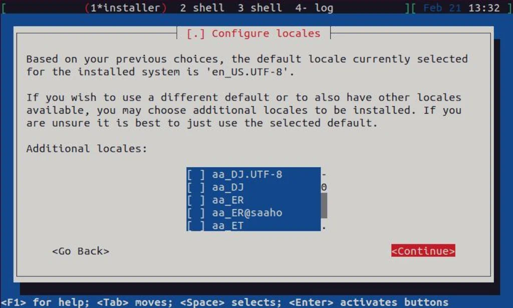 Debian textual installer running with additional locales selection displayed.